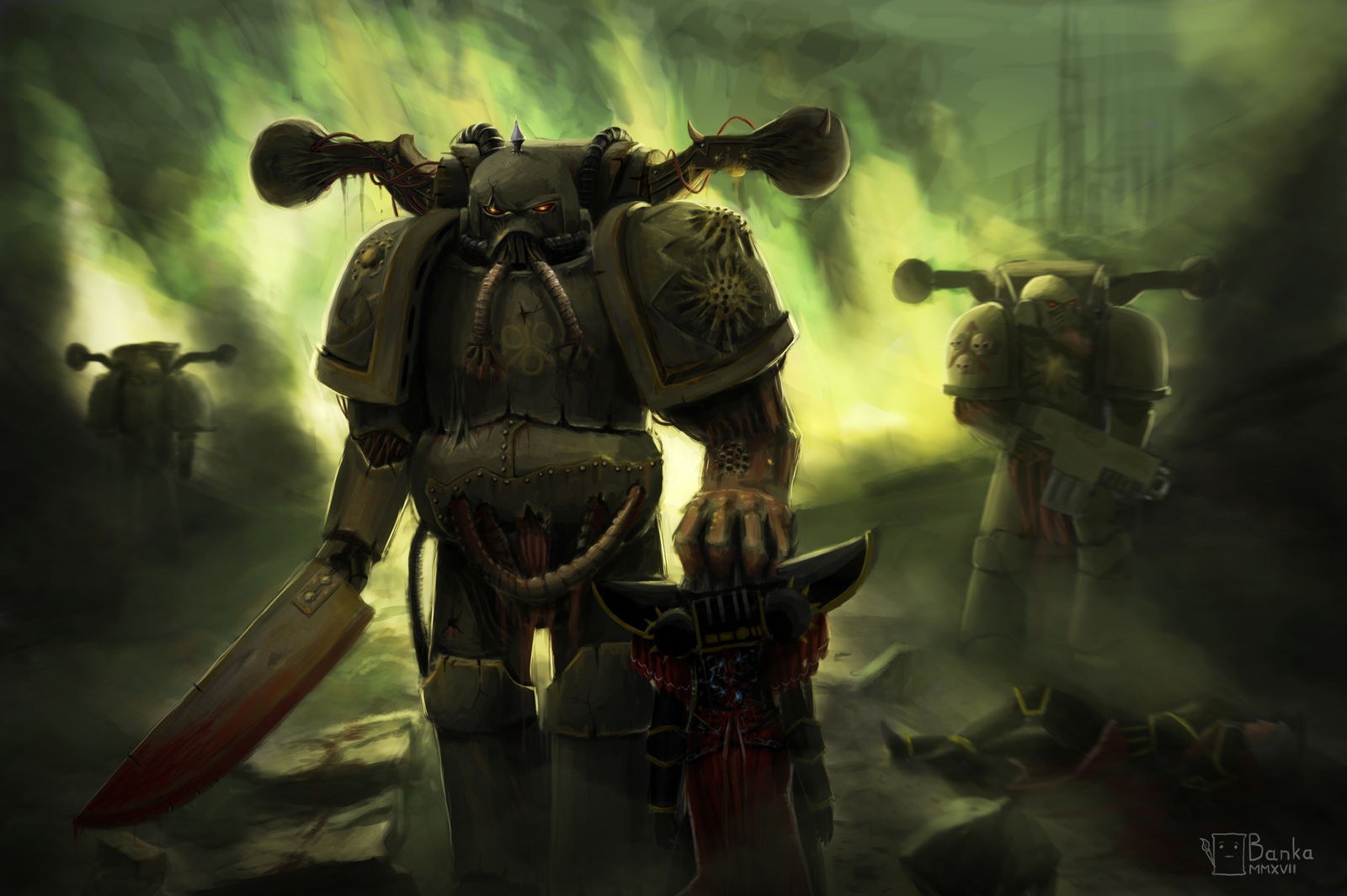 Чумные десантники aka плэги. Warhammer 40k plague marines - Моё, Warhammer 40k, Нургл, Хаос, Chaos Space marines, Plague marine, Death Guard, Фан-Арт