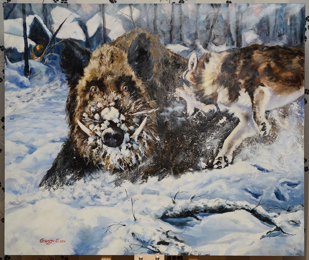 Painting on the theme of hunting and animalism :) - Oil painting, Hunting, Dog, Wolf, Winter, Painting, Longpost