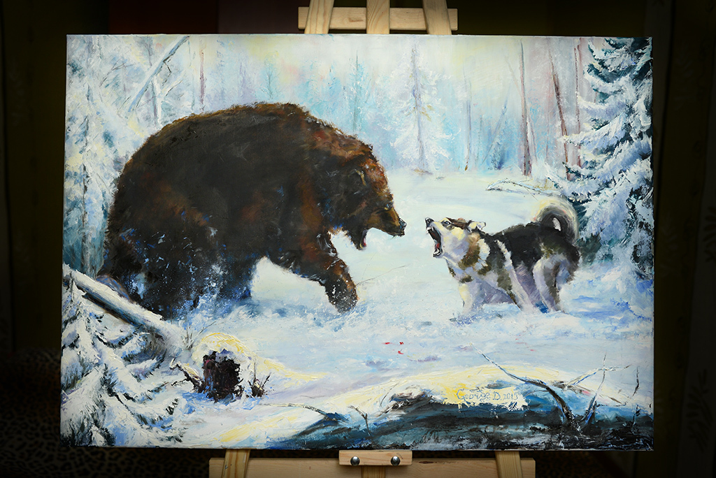 Painting on the theme of hunting and animalism :) - Oil painting, Hunting, Dog, Wolf, Winter, Painting, Longpost