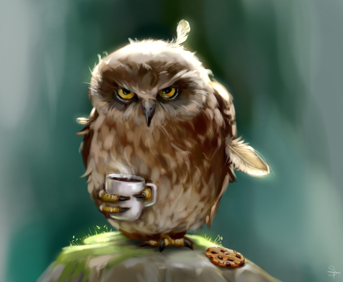 Art. Owl morning. - Art, Owl, Morning, Coffee