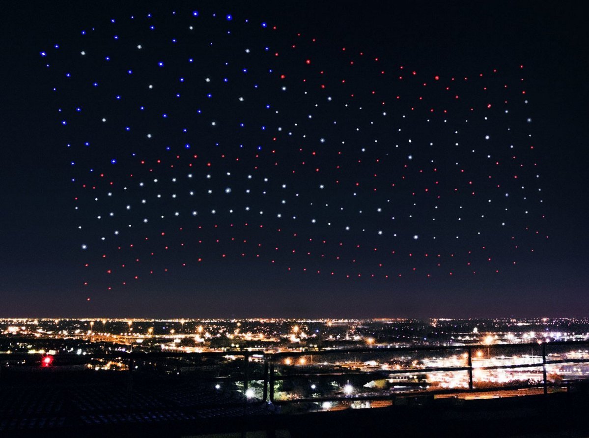 US flag made up of flying drones during Super Bowl 2017 - USA, Drone, Flag, Super Bowl