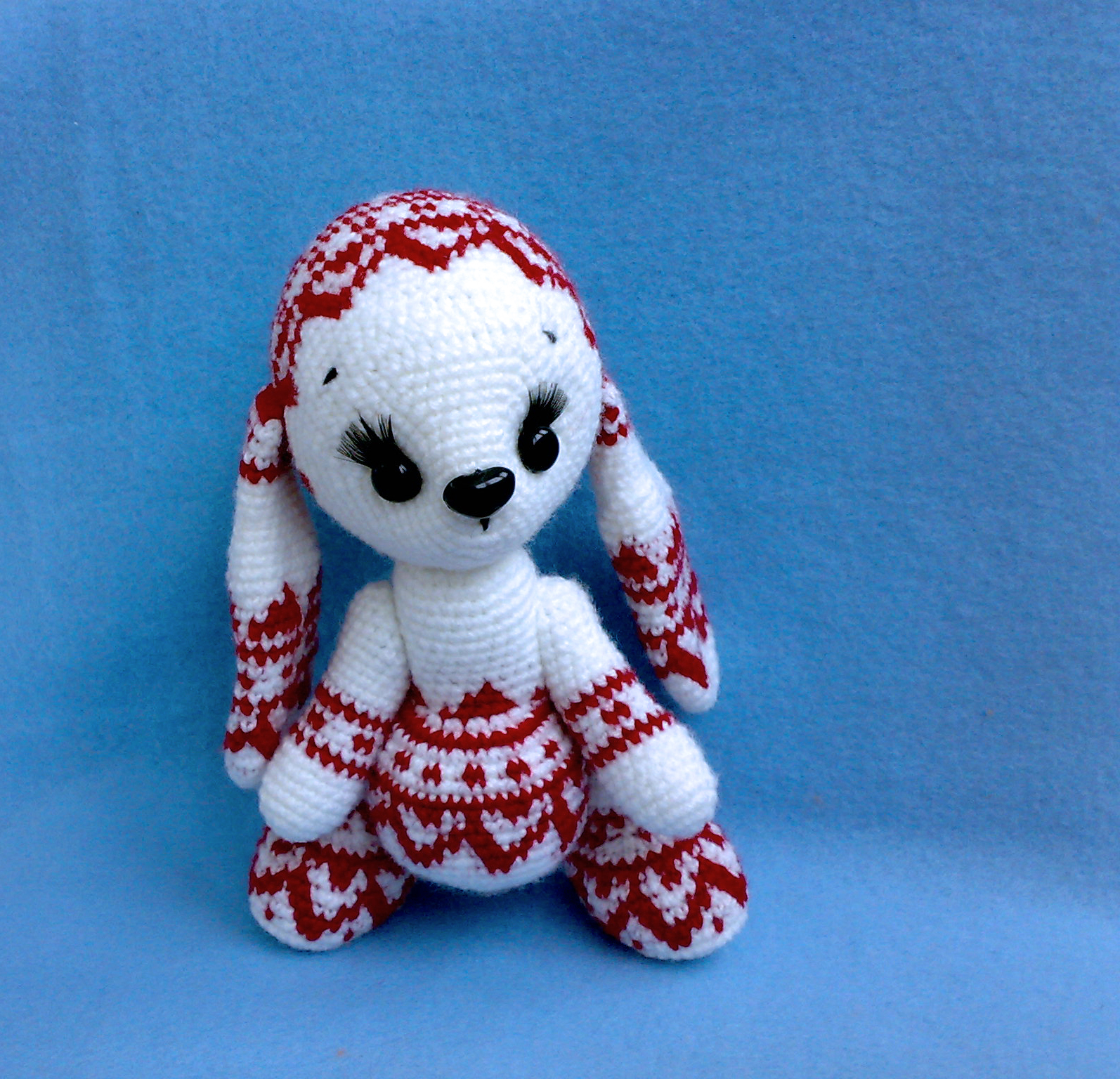 Bunny with jacquard pattern - My, Knitting, Amigurumi, Needlework, Hare