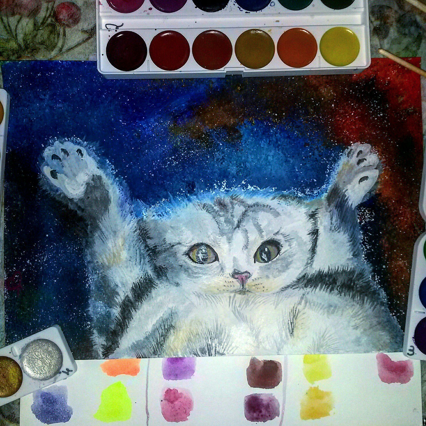 ~~~~My strange cats~~~~ - My, cat, Art, Drawing, , Watercolor, Gouache, Sketch, Space, Longpost