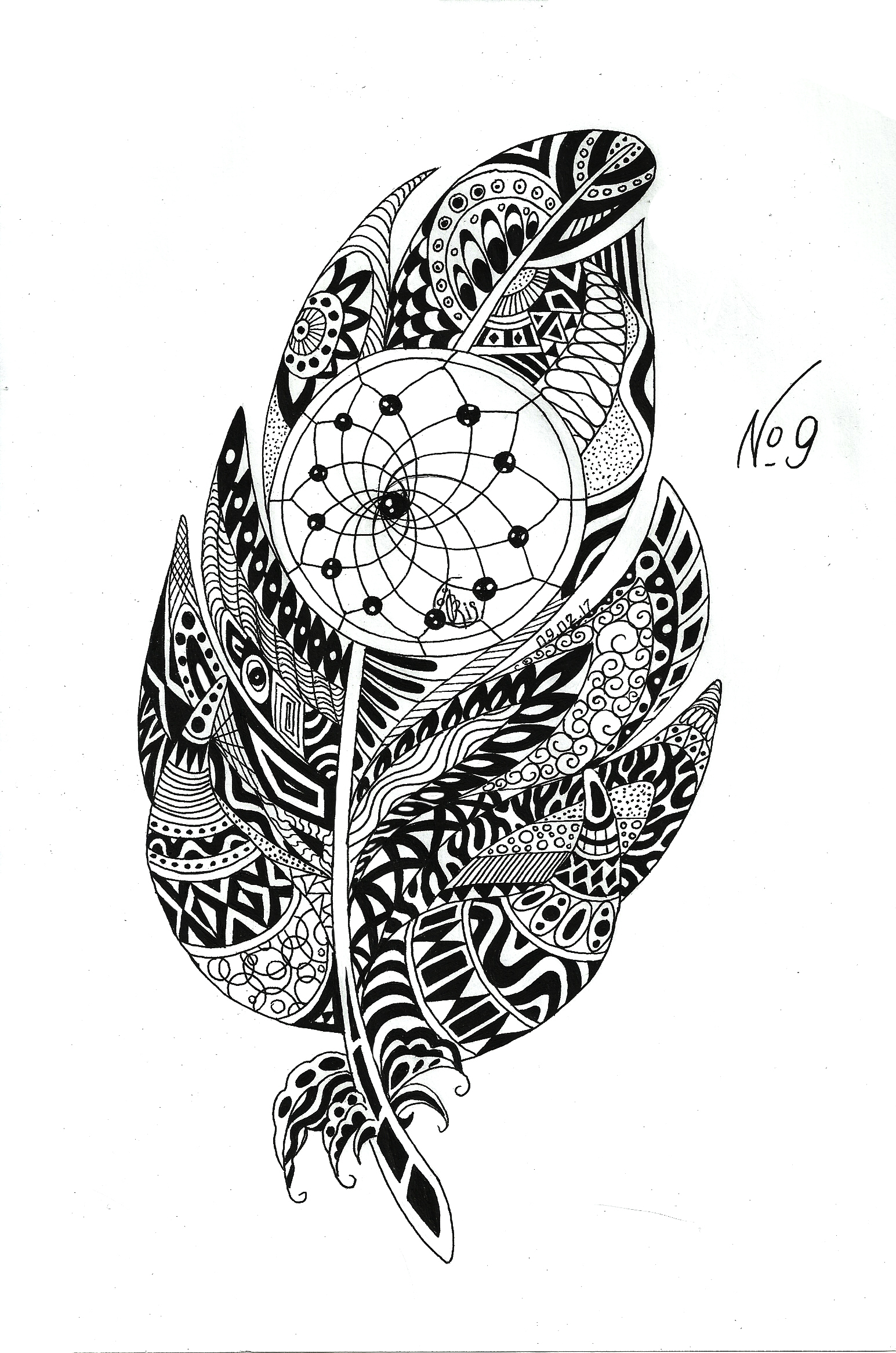 February marathon, day nine. - February, Month, Dreamcatcher, Geometry, Patterns, Feather, Gel pen, Drawing, My