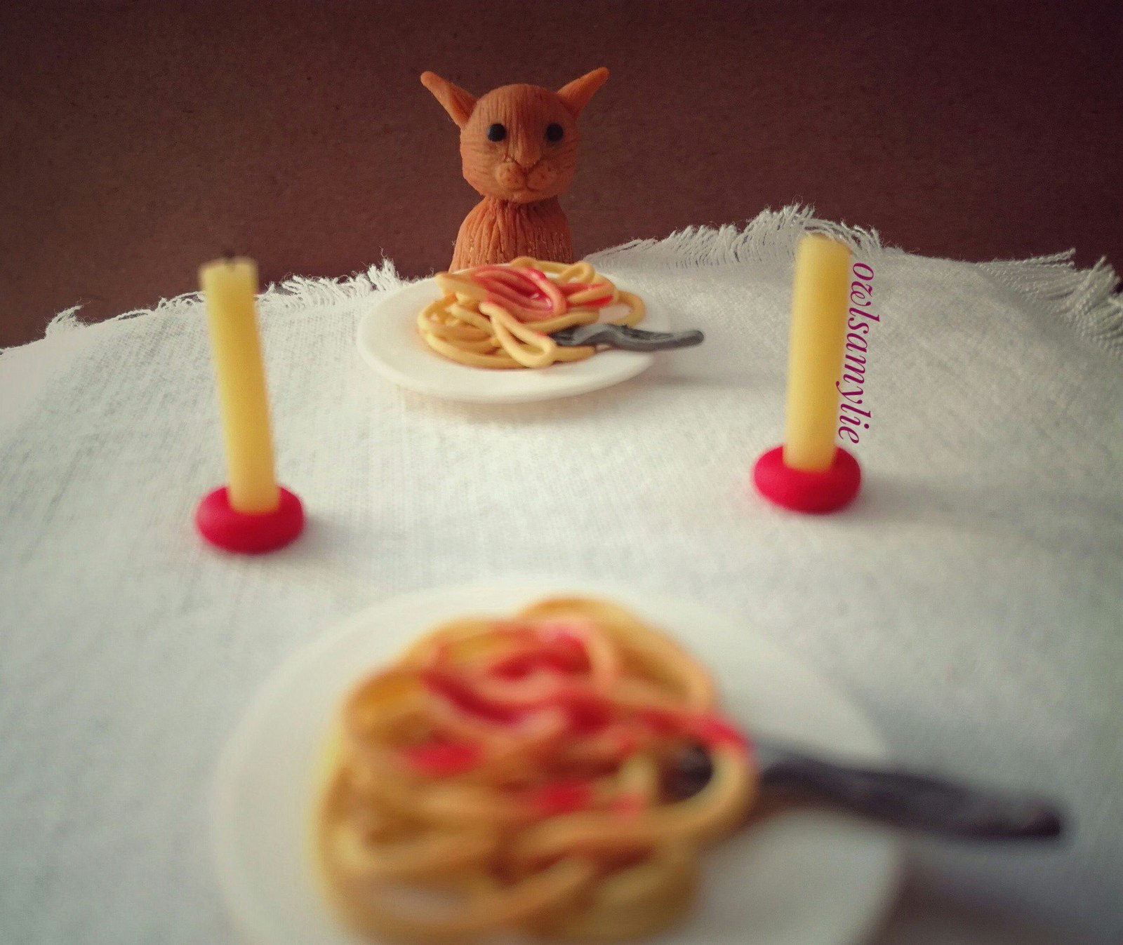 Romantic dinner with a cat - My, Romantic dinner, , Polymer clay, Valentine's Day, Spaghetti, cat, Лепка