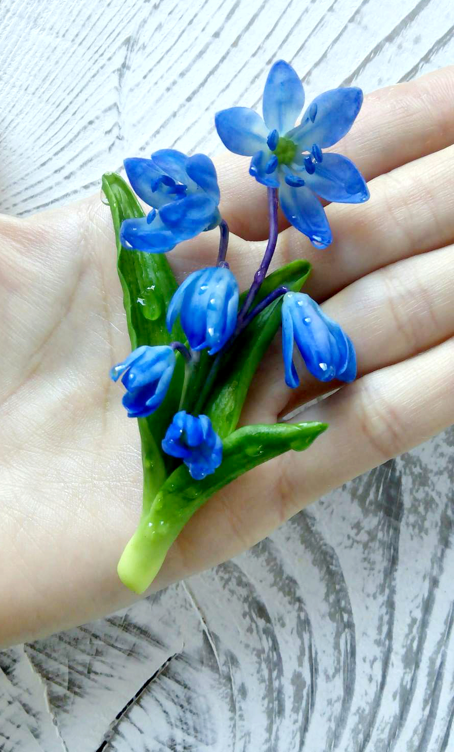 Brooch-bouquet with scillas. - My, Polymer clay, Cold porcelain, Brooch, Polymer floristry, Handmade, Proleski, Brooch with flowers, Longpost