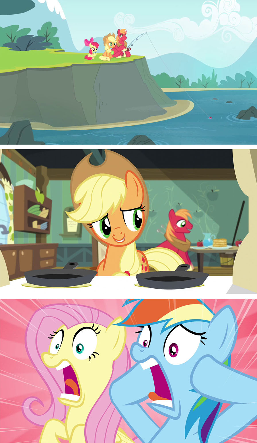 Come up with a text for the picture 19 - My little pony, , Applejack, Applebloom, Big Macintosh, Rainbow dash, Fluttershy