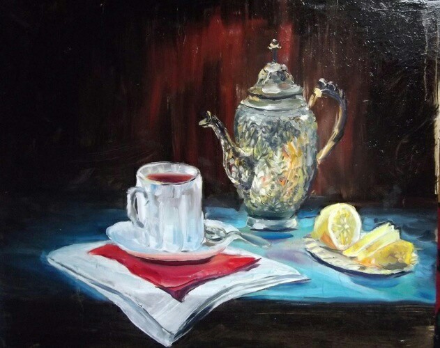 Tea with lemon - My, Tea, Lemon, Still life, Painting