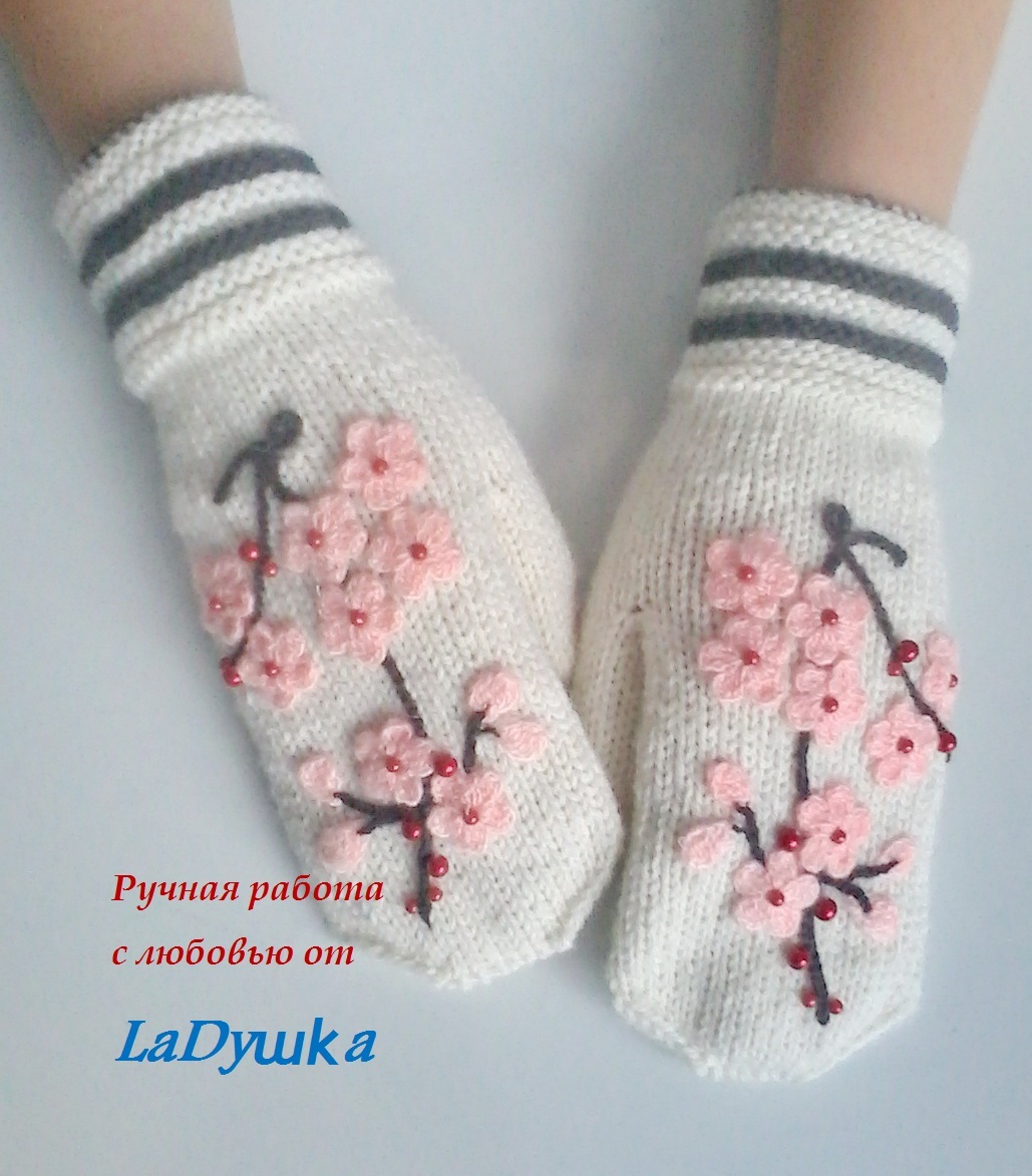 Spring mood - My, Mittens, Handmade, Sakura, Embroidery, Spring, Handmade Moscow