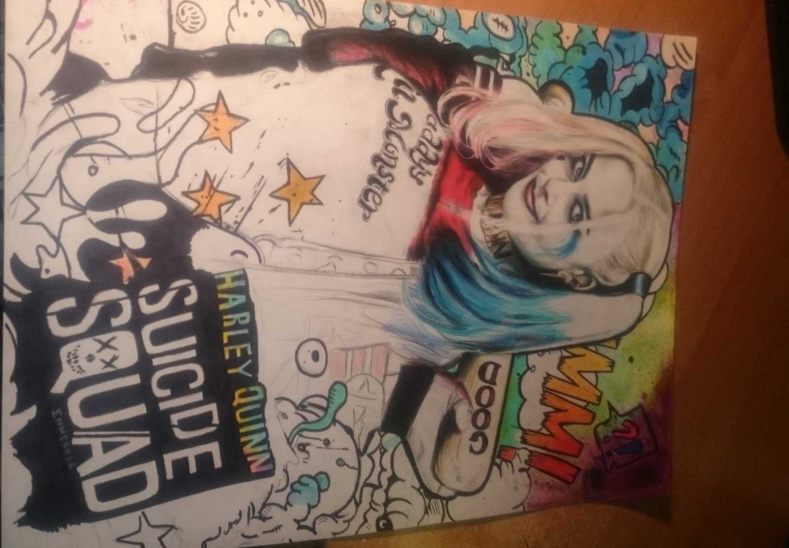 I drew Harley once, like something and it happened;) - My, Harley quinn, Suicide Squad, Drawing, Colour pencils, Longpost