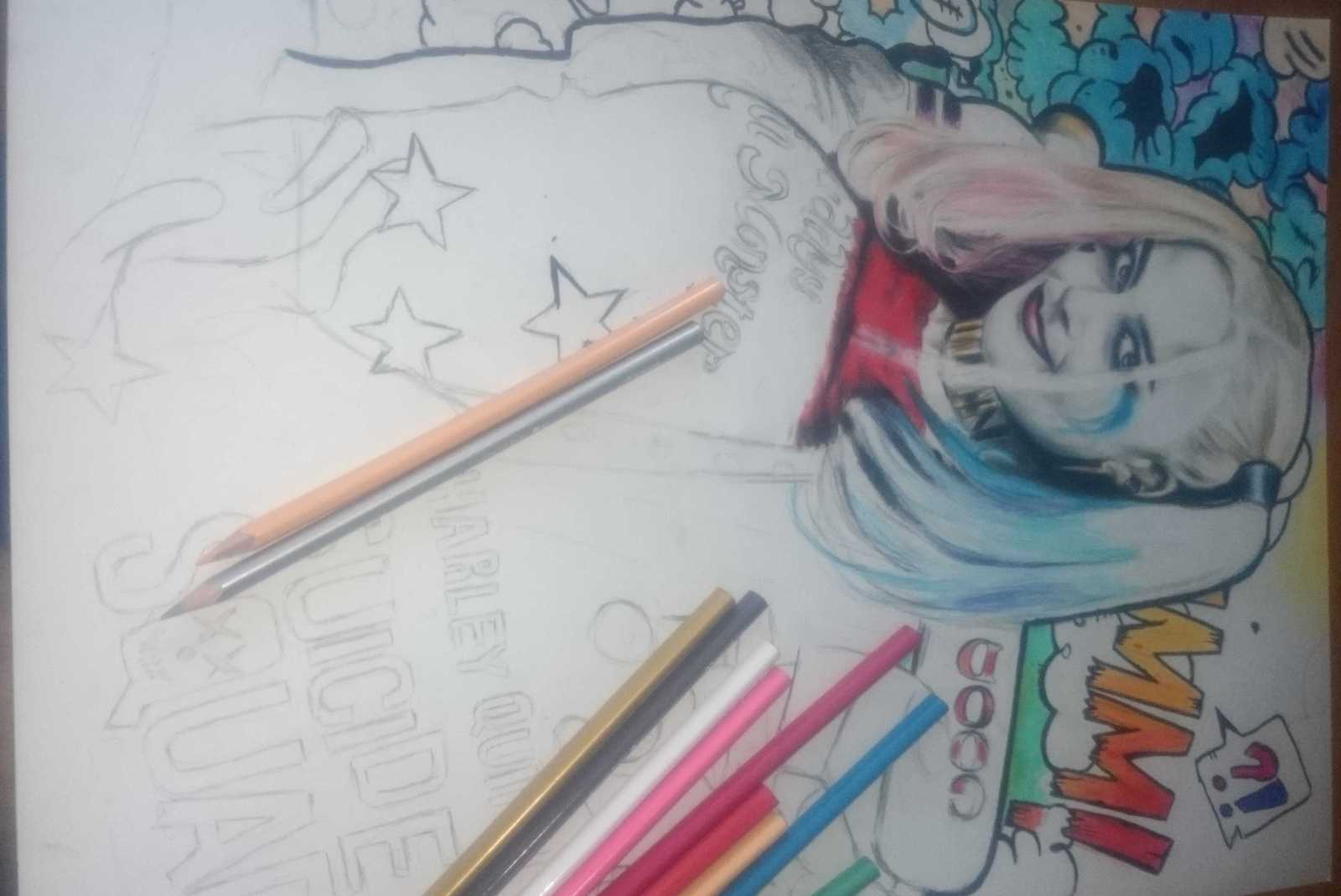 I drew Harley once, like something and it happened;) - My, Harley quinn, Suicide Squad, Drawing, Colour pencils, Longpost