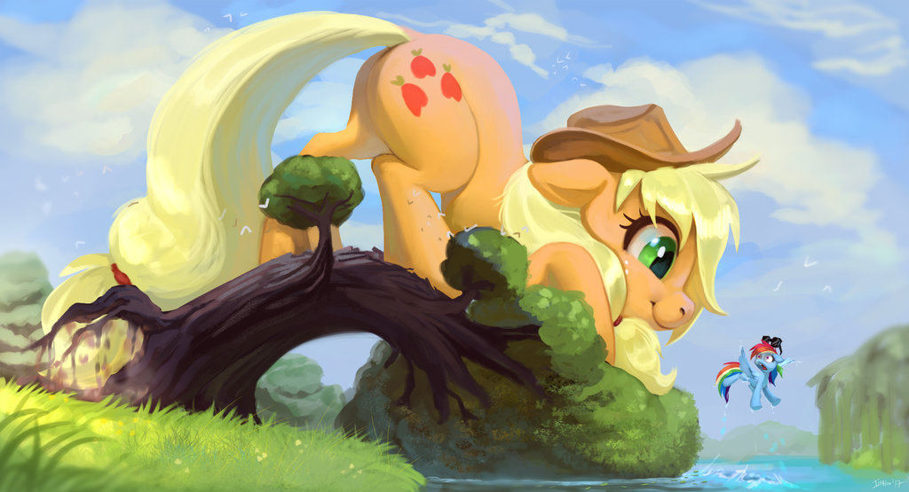 Sunshine and celery stalks - My little pony, Applejack, Rainbow dash, Giant Pony, Imalou