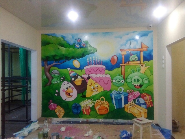 Wall painting in the children's center - My, Painting, Angry Birds, Longpost