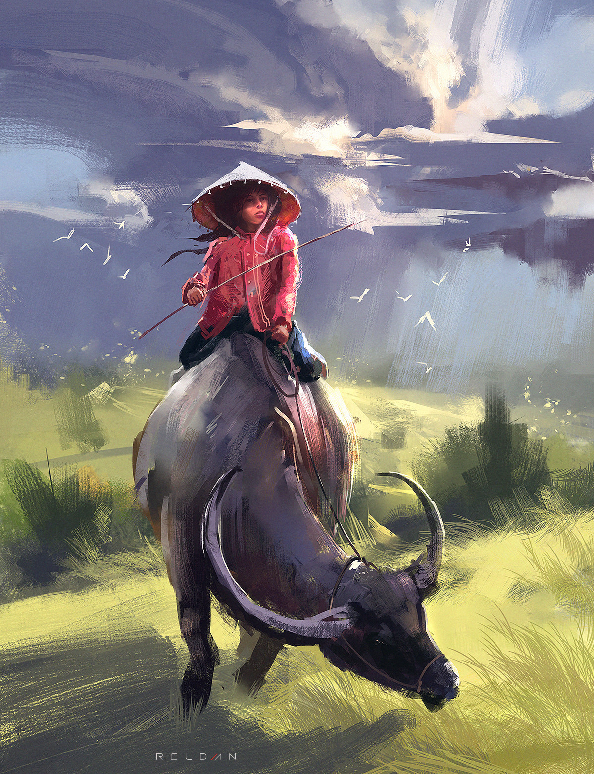 Riding on buffalo - Art, Juan Pablo Roldan, Girls, Buffalo