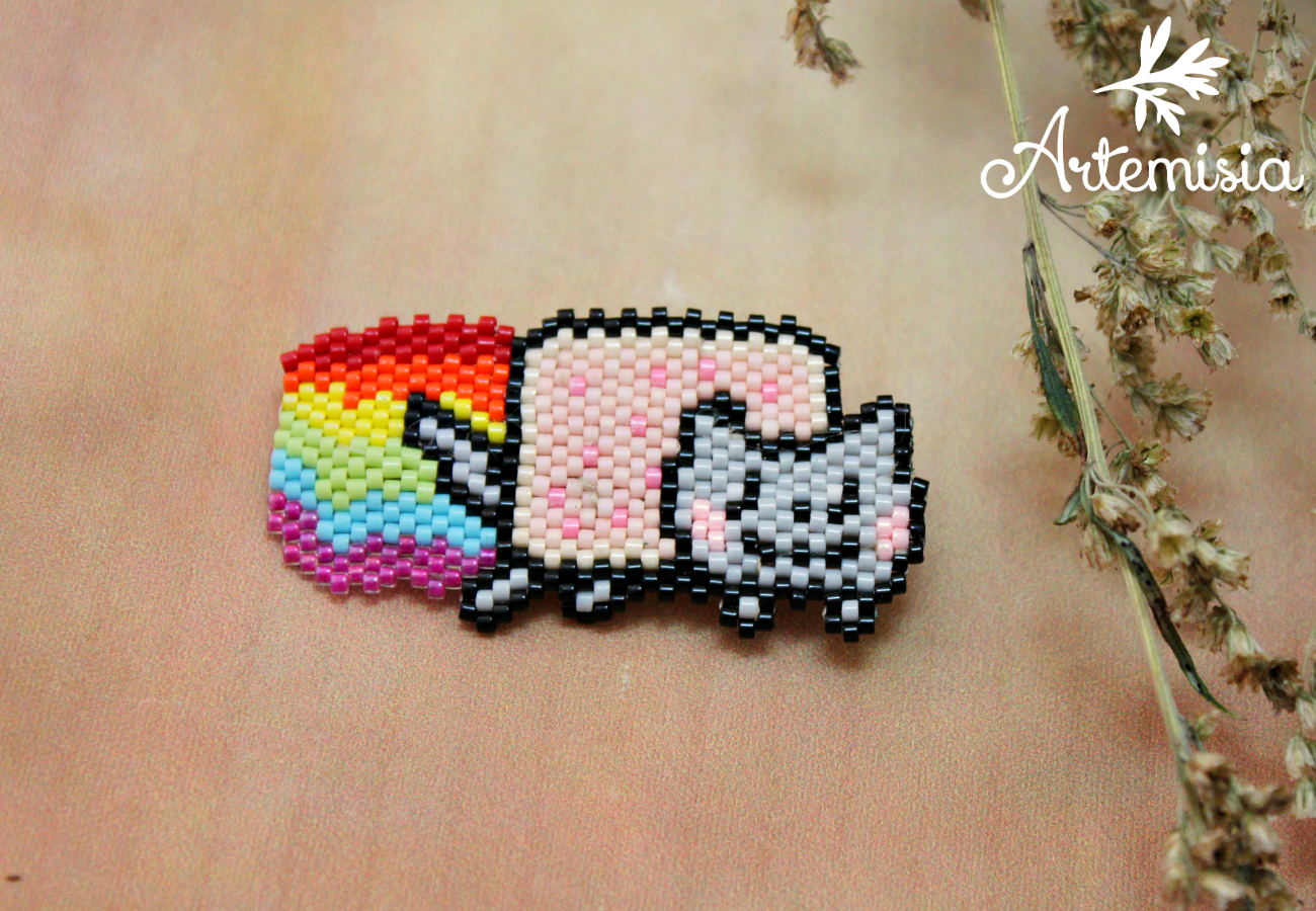 Nyan cat brooch - My, My, Nyan cat, cat, Rainbow, Brooch, Beads, Longpost, Presents