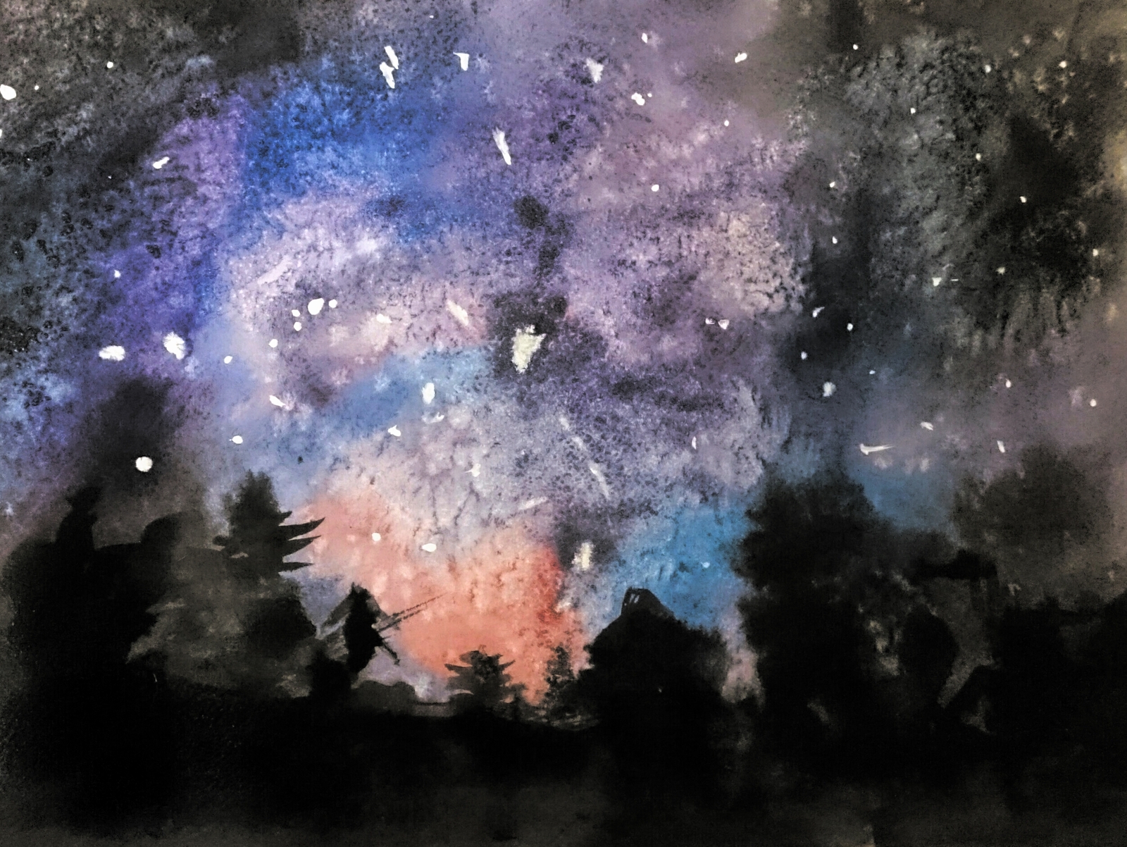 Boiled.. Night forest Sasha, 7 years old. - Students, Watercolor, Artist