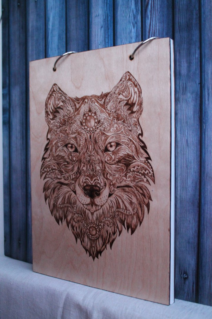 Drawing pad, pyrography - My, Notebook, Album, Painting, Pyrography, Wolf, Handmade, Plywood, Longpost