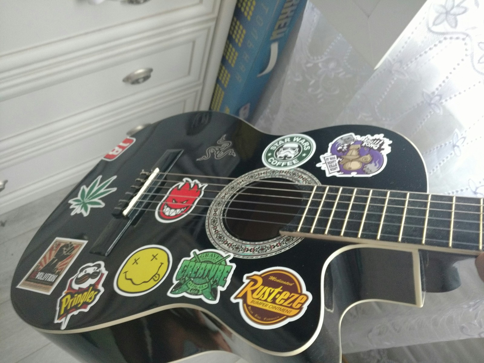 Hey peek-a-boo, do you think that many stickers is too much? - My, Guitar, Sticker