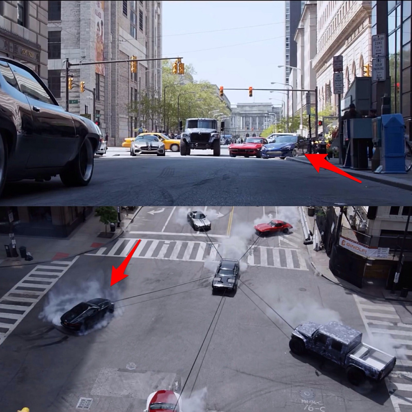 Movie glitch in fast and furious 8: blue aston martin changes to black jaguar f-type - Fast and Furious 8, Kinolyap, Auto