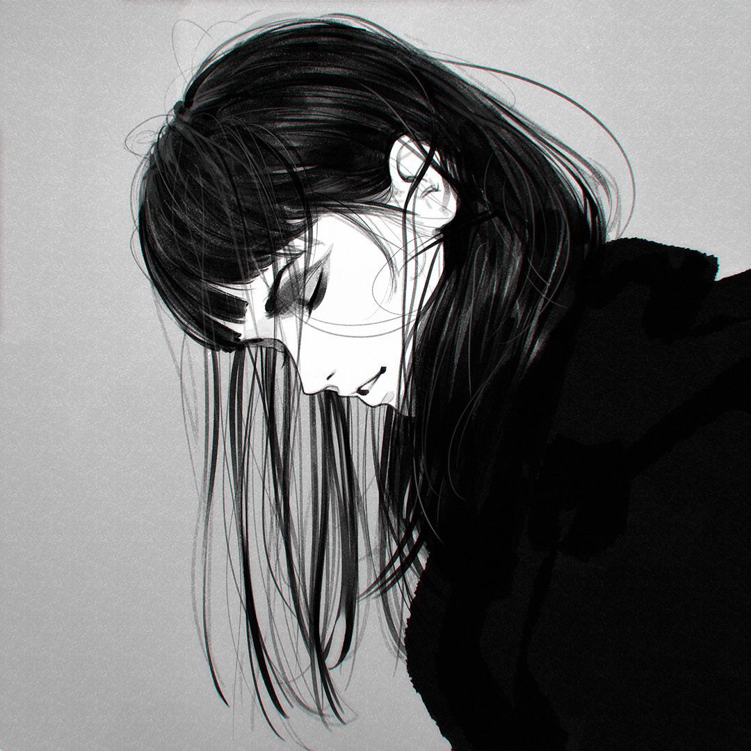 Rain - Drawing, Art, Girls, Beautiful girl, Ilya Kuvshinov, Black and white