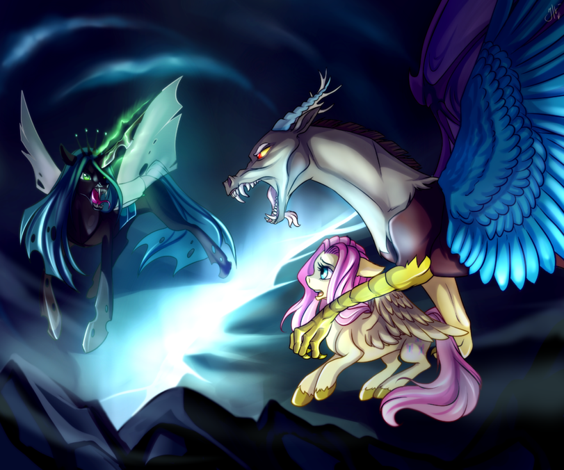 Только тронь...!!! - My Little Pony, PonyArt, Discord, Queen Chrysalis, Fluttershy, Защита