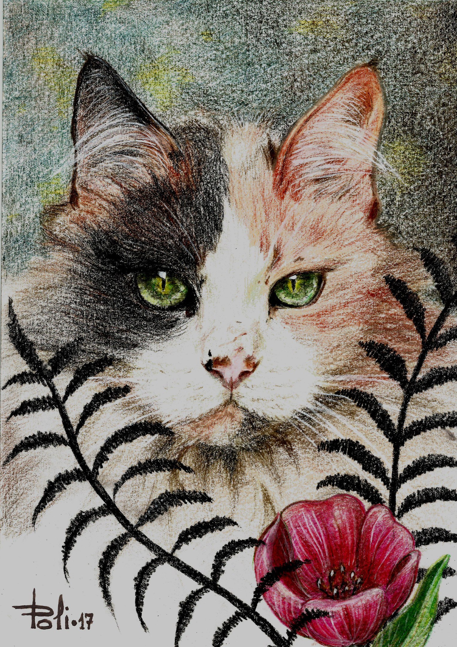 Kotyara - My, Art, cat, Flowers, Colour pencils, Sight, My