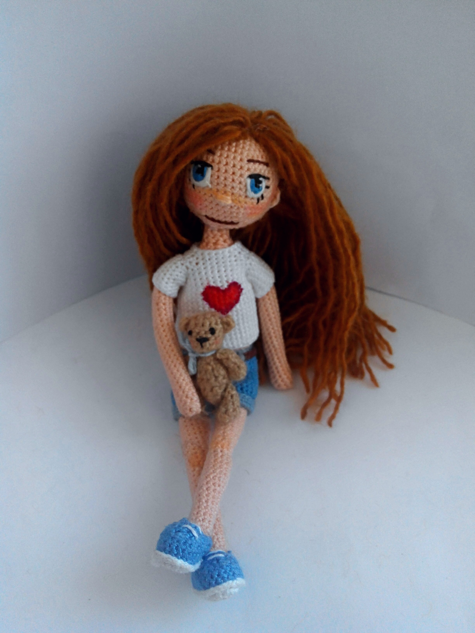 Knitted from cotton, only shorts are removed. Doll 16 cm, teddy bear 3 cm. - My, Amigurumi, Knitting, With your own hands, Doll, Longpost