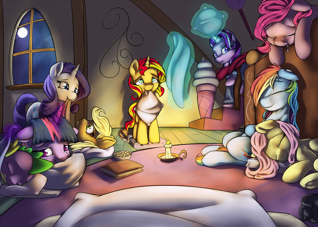 sleepover - My little pony, Mane 6, Sunset shimmer, Starlight Glimmer, Spike, Alasou