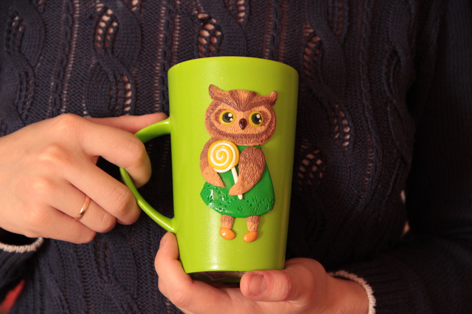 Mug Owl with candy - My, , Handmade, Кружки, With your own hands, Polymer clay, Longpost