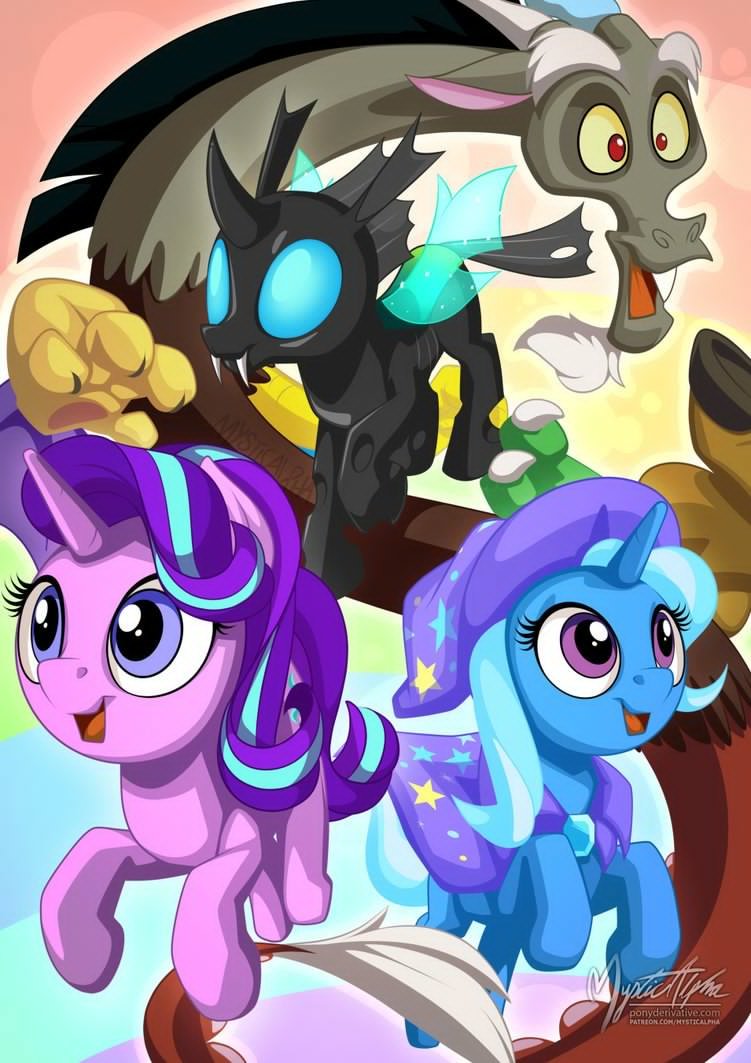 Starlight, Trixie, Discord and Thorax - My little pony, PonyArt, Starlight Glimmer, Trixie, Thorax, Discord, MLP Discord, Mysticalpha