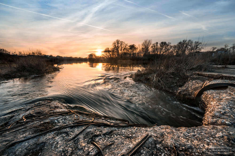 Abandoned hydroelectric power station - The photo, River, Sky, Sunset, beauty