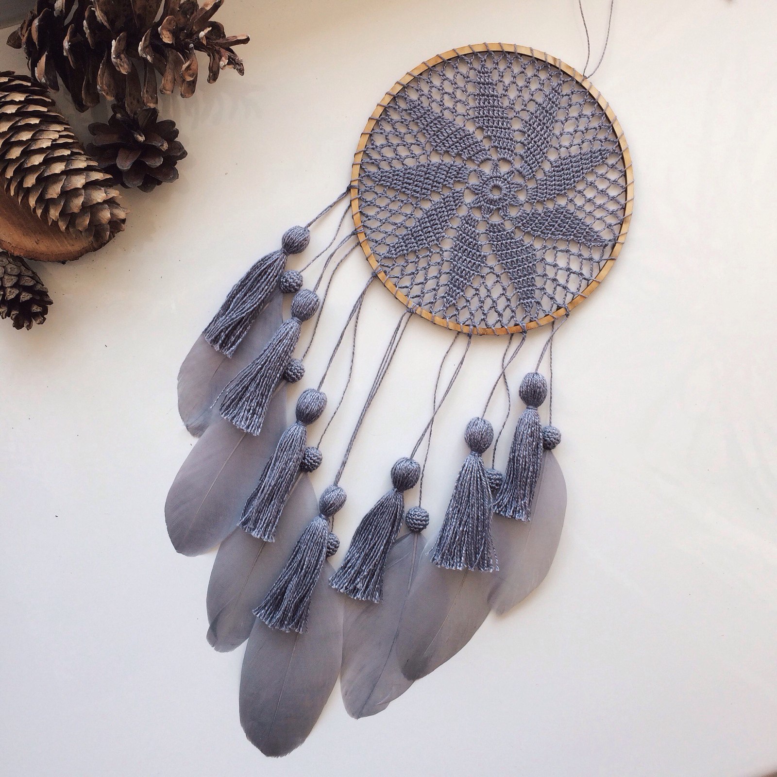 Knitted dream catcher with handmade tassels - My, Needlework, Needlework without process, Dreamcatcher, Knitting, Handmade, , Longpost