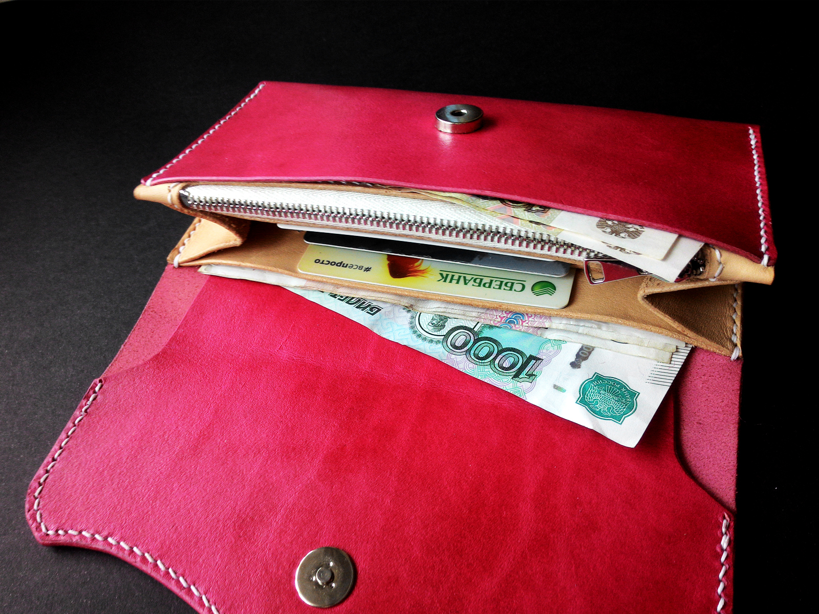 Women's wallet on a Japanese motif - My, Needlework without process, Wallet, Fuchsia, Leather, Longpost