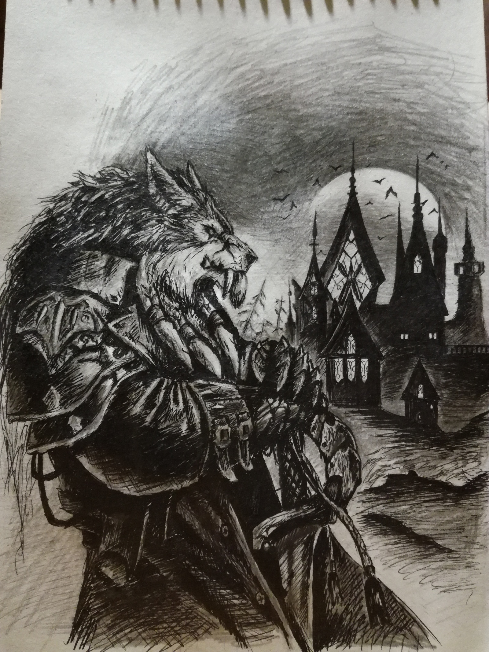 Wolf - My, Drawing, Pen drawing, Fantasy, Wolf, Night, Town, Black and white