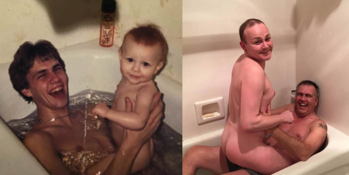 Father and son decided to recreate an old photo - The photo, Father, A son, Bathroom, Oddities