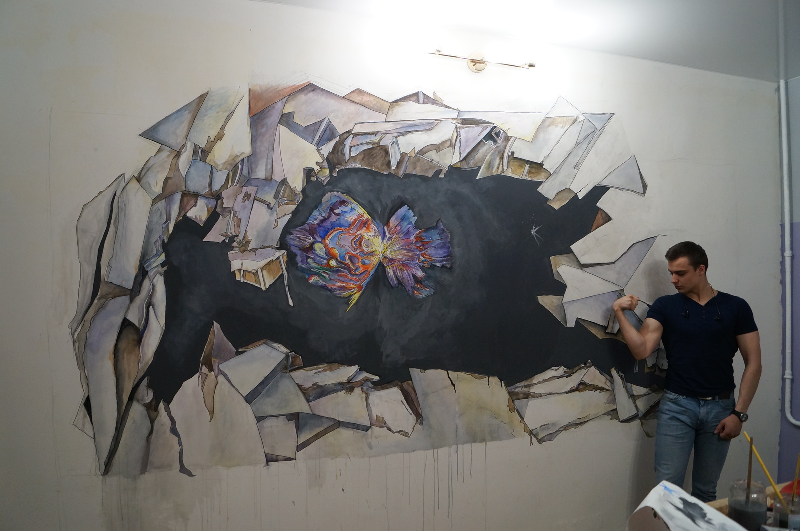 Space explosion in the wall. I paint the wall with watercolors by order of a friend. - My, Longpost, Painting, Watercolor, Repair, Drawing, Space, Wall, Comics