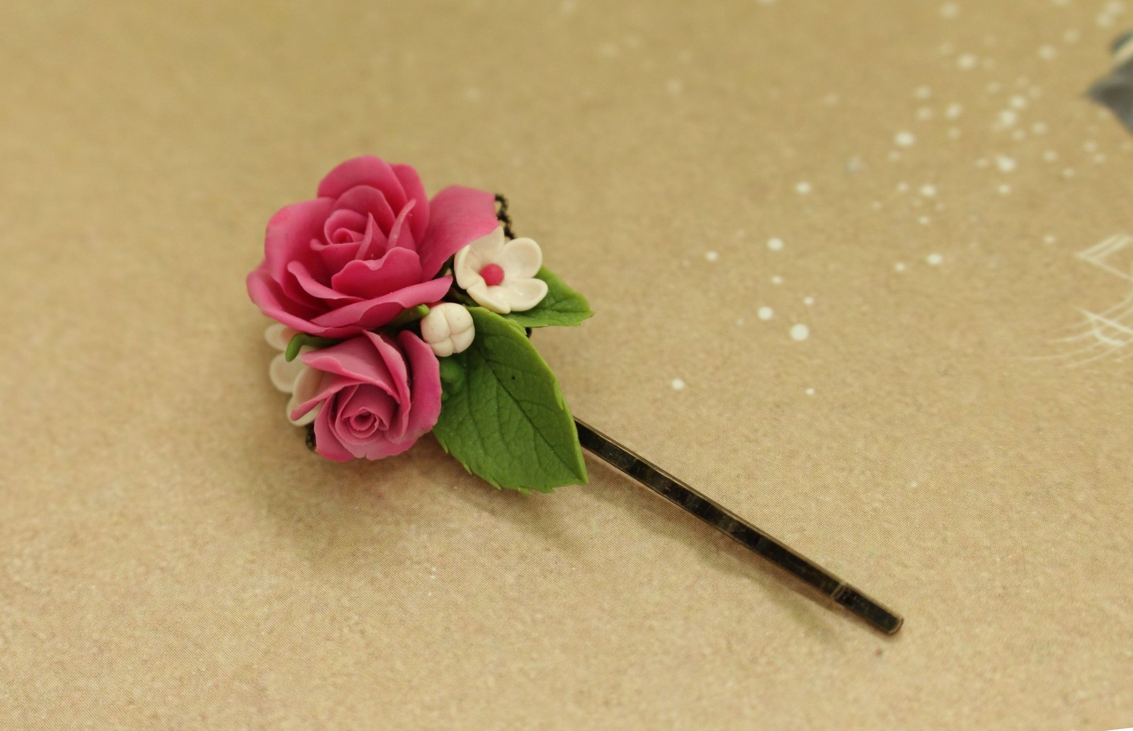 Invisible hairpin Pink bouquet - My, the Rose, Polymer clay, Barrette, Pink, Handmade, Longpost