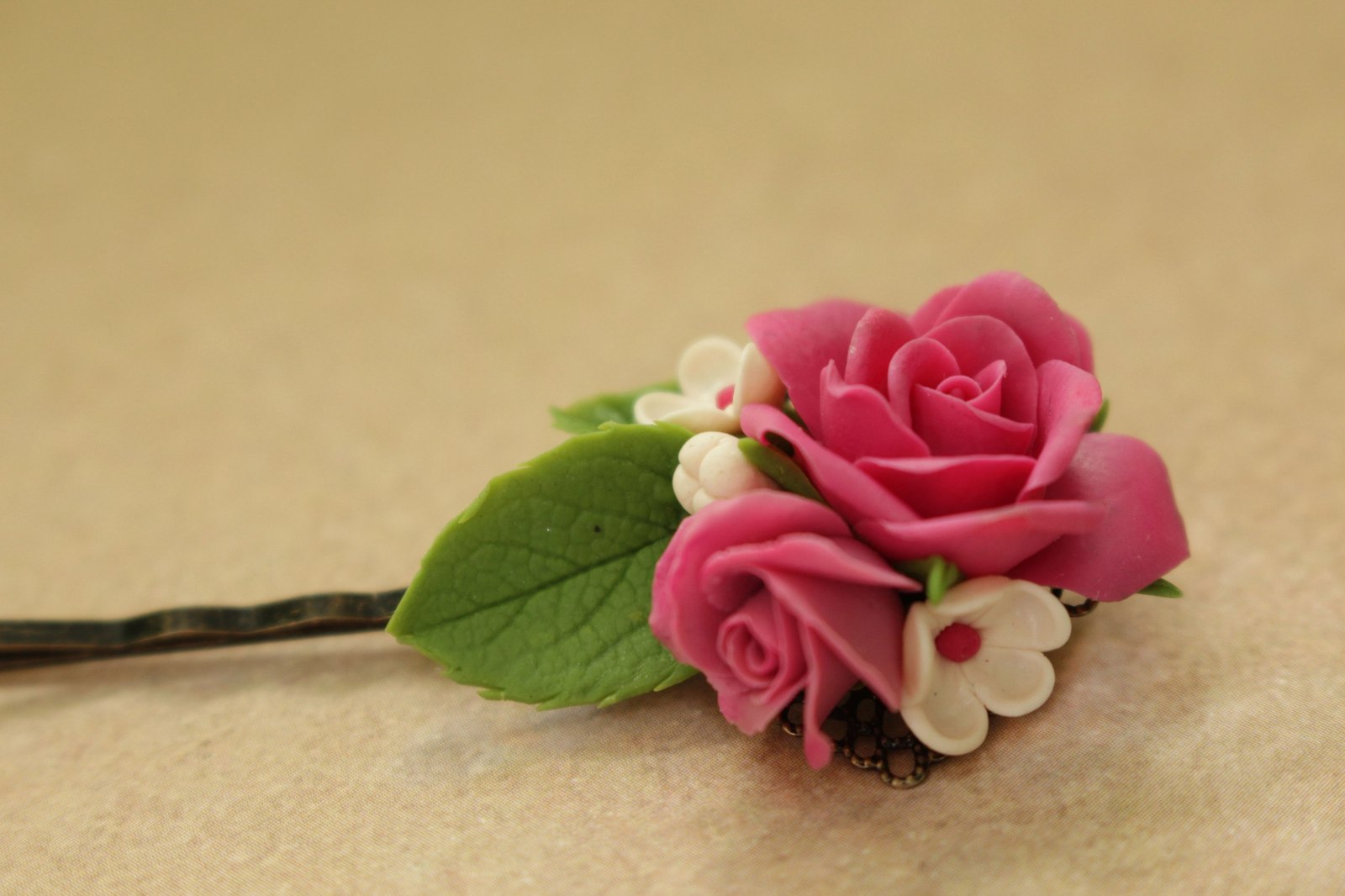 Invisible hairpin Pink bouquet - My, the Rose, Polymer clay, Barrette, Pink, Handmade, Longpost