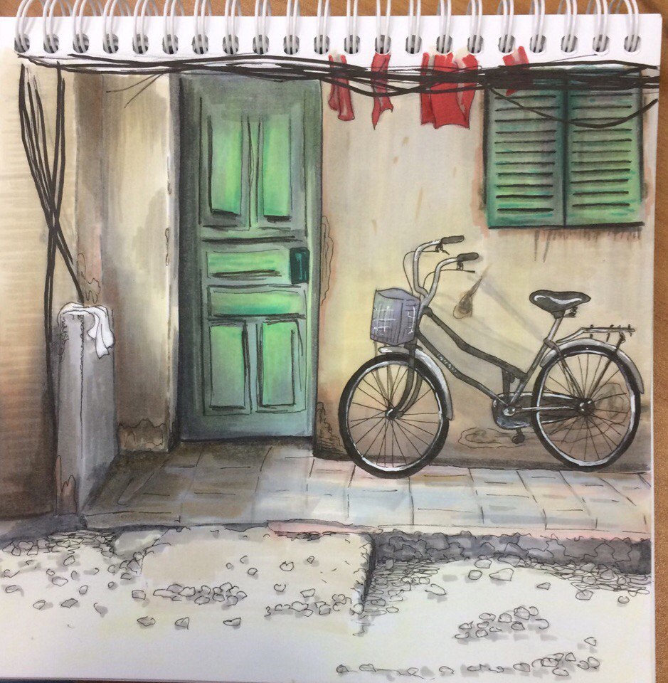 Modest street created with alcohol markers - My, Art, Creation, Sketch, Sketchbook, , Inspiration, A bike, With your own hands, Longpost