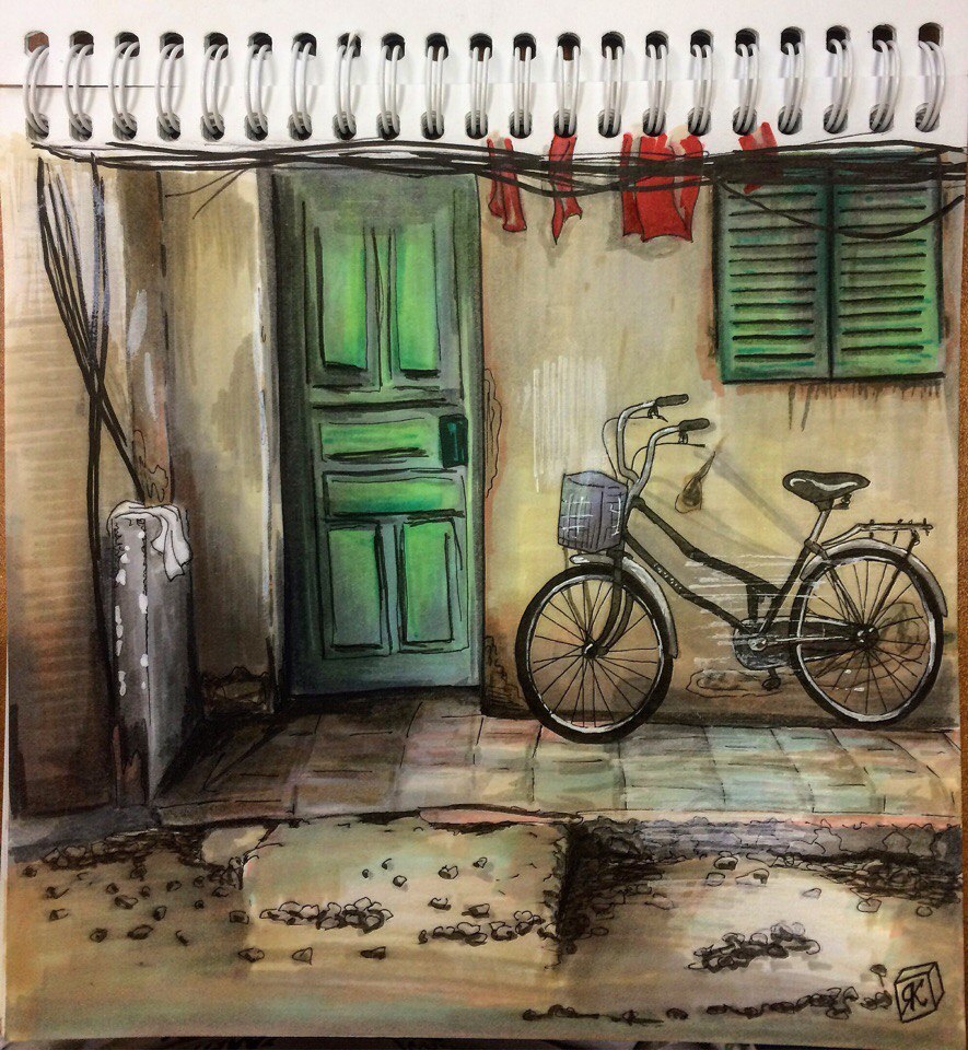 Modest street created with alcohol markers - My, Art, Creation, Sketch, Sketchbook, , Inspiration, A bike, With your own hands, Longpost