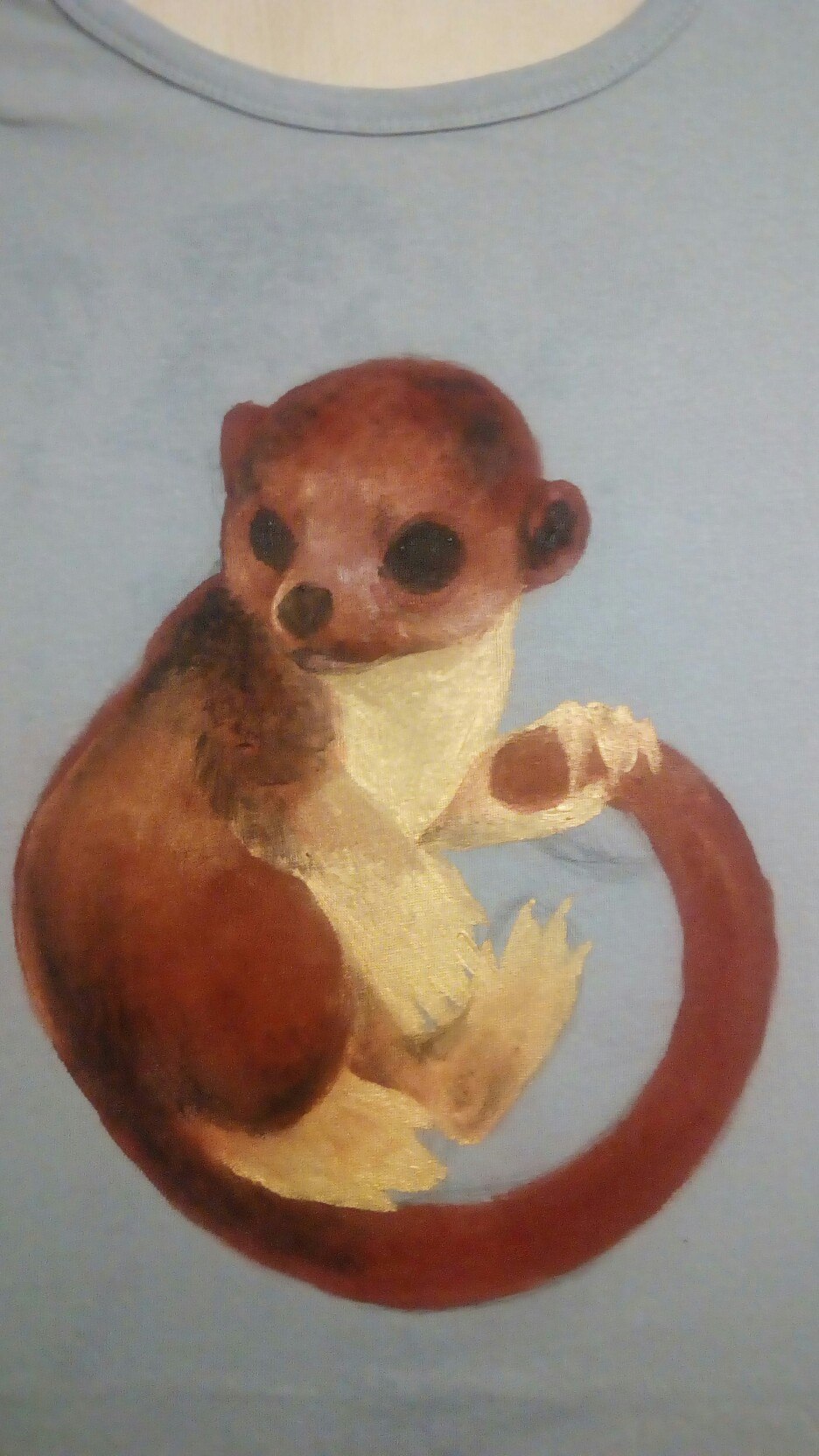 Kinkajou - t-shirt + acrylic - My, Potto, Acrylic, Art, Needlework, Painting on fabric, Animals, Drawing, Stages, Longpost