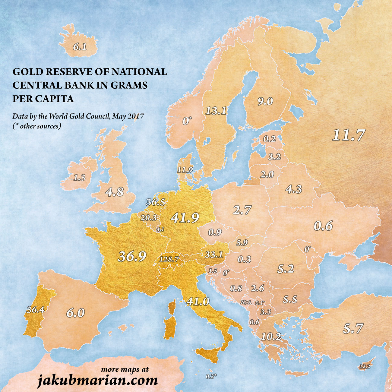 Gold reserves of European national central banks in grams per capita as of May 2017 - Gold, Cards, 