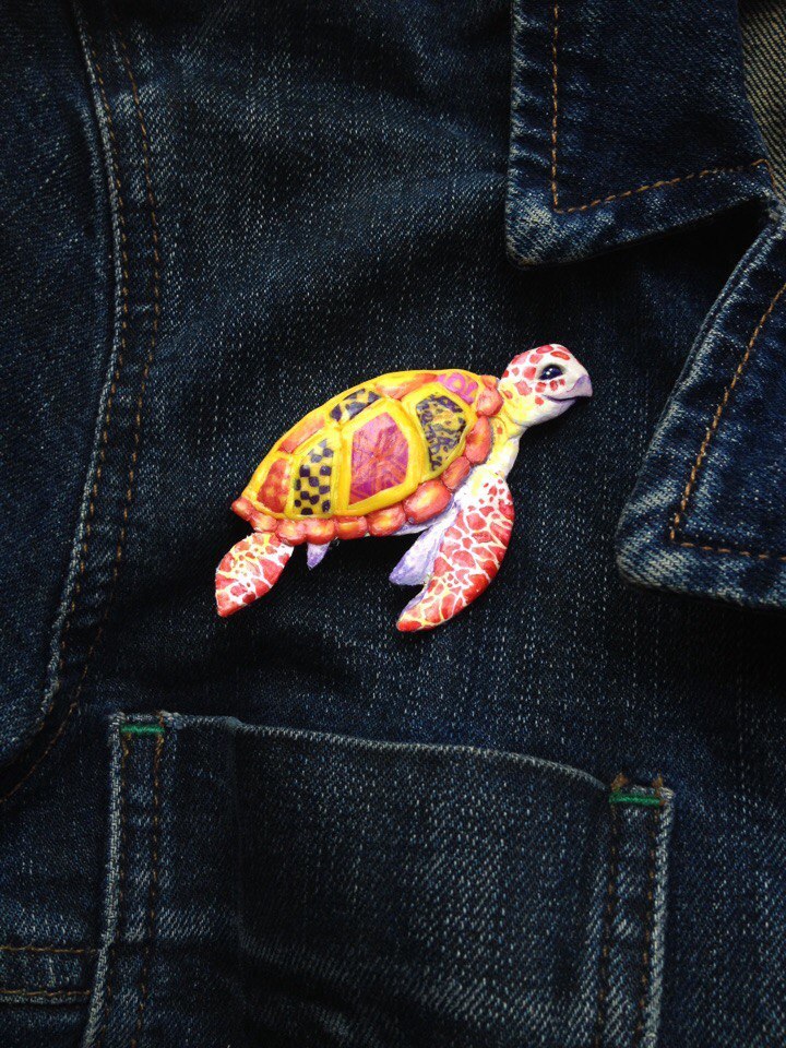 gift to a friend) - My, Handmade, Polymer clay, Turtle, Presents, Brooch