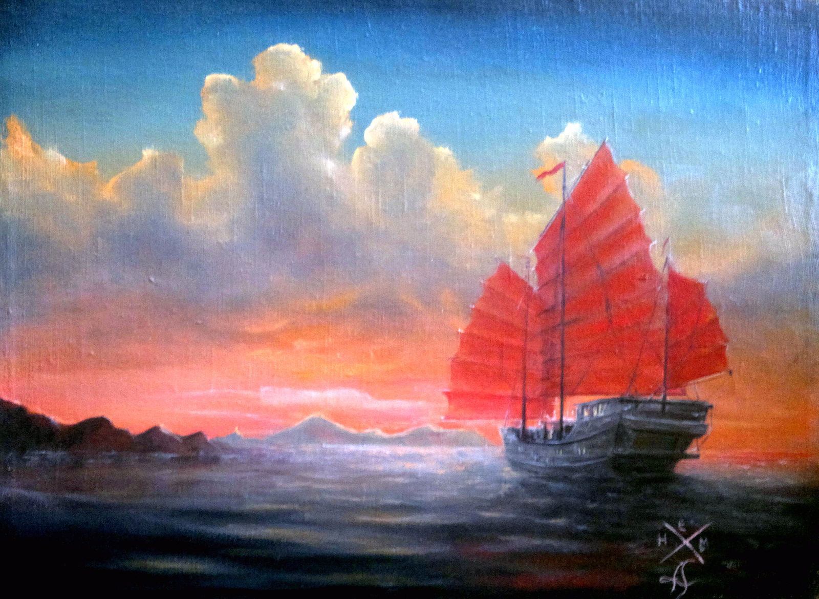 Junk - Sunset, Clouds, Self-taught, Ship, Sea, Oil painting, My
