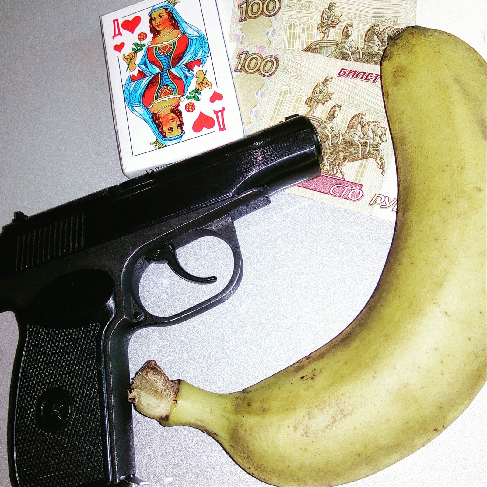 Cards, money, two barrels... - My, Banana, Cards, The Makarov pistol, Money, 