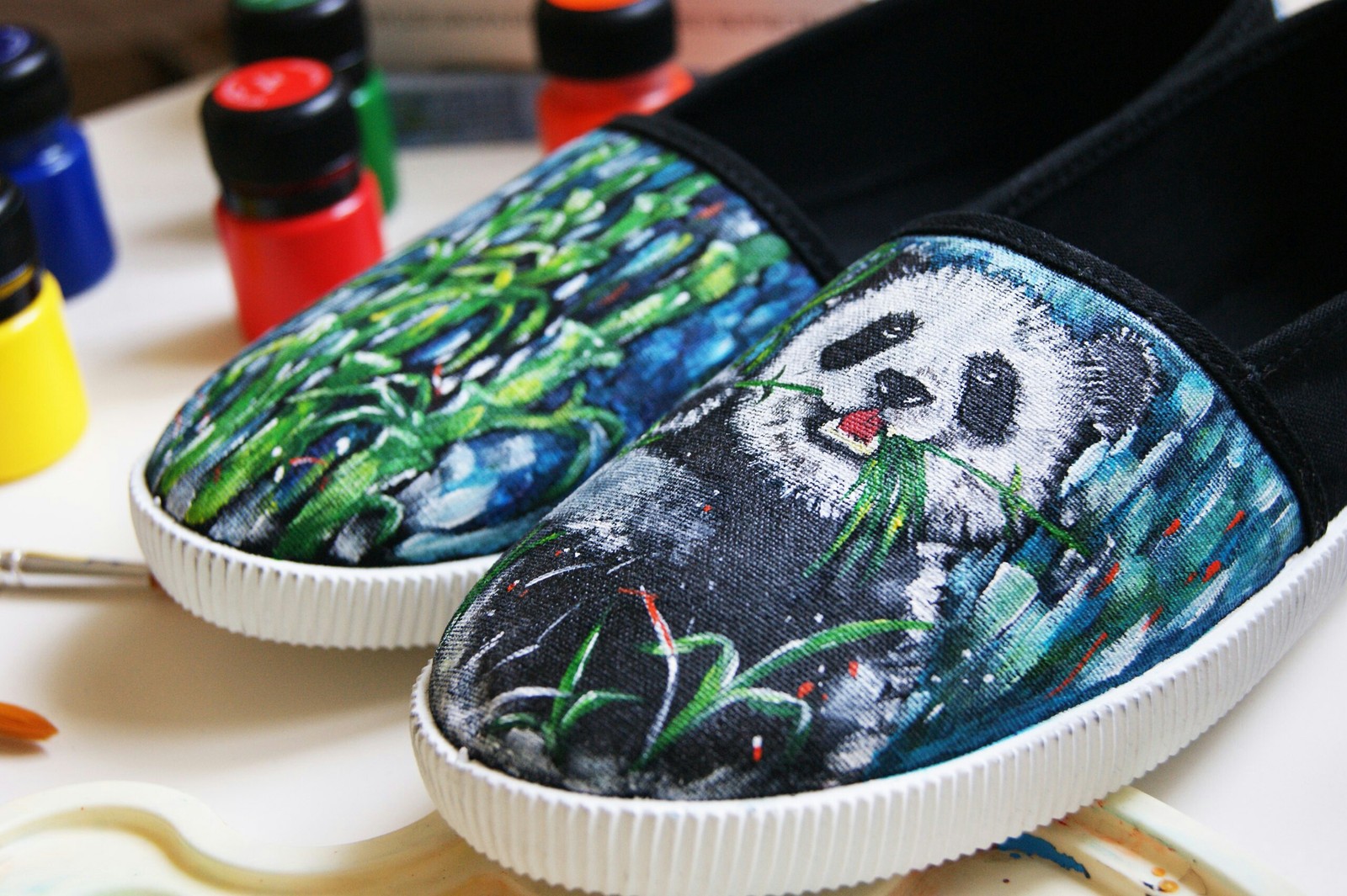 Slippers Panda is one of my favorite works :) - My, Panda, Painting on fabric, Shoe painting, Drawing, Bamboo, Slippers, Slip-ons, Handmade