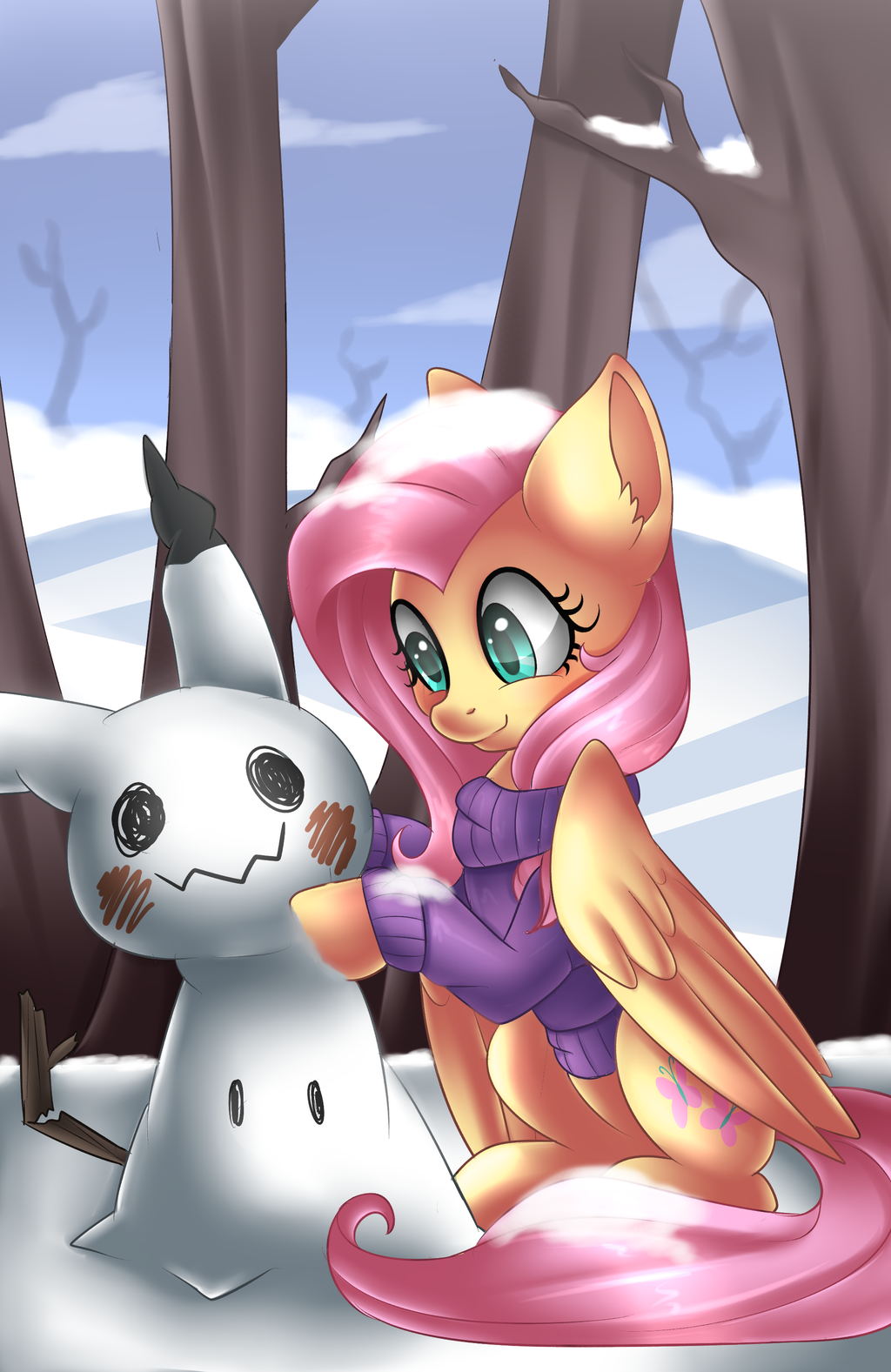 Winter time - My little pony, PonyArt, Crossover, Pokemon, Mimikyu, Fluttershy, Crossover, Scarlet-Spectrum