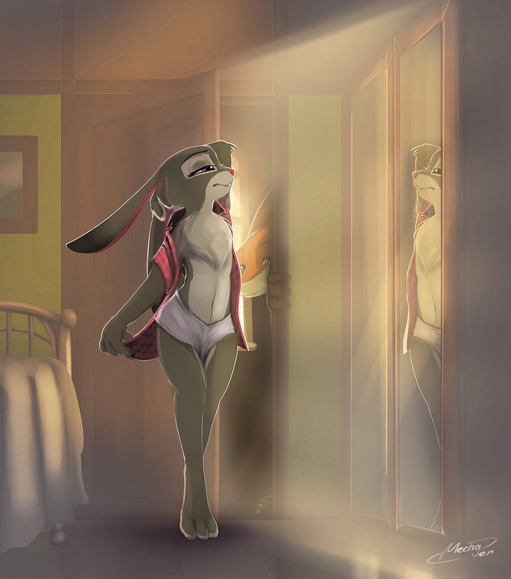 At the mirror. - Zootopia, Zootopia, Nick and Judy, Mechagen