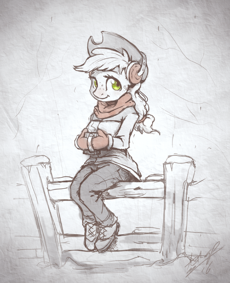 Winter over the Fence - My little pony, Applejack, Anthro, Assasinmonkey