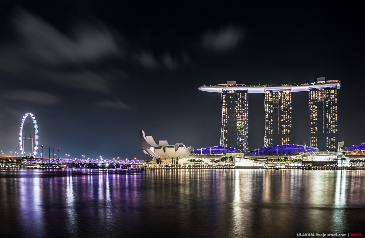 Bay. - My, Night, Clouds, Town, Architecture, Reflection, Колесо, Singapore, Bridge